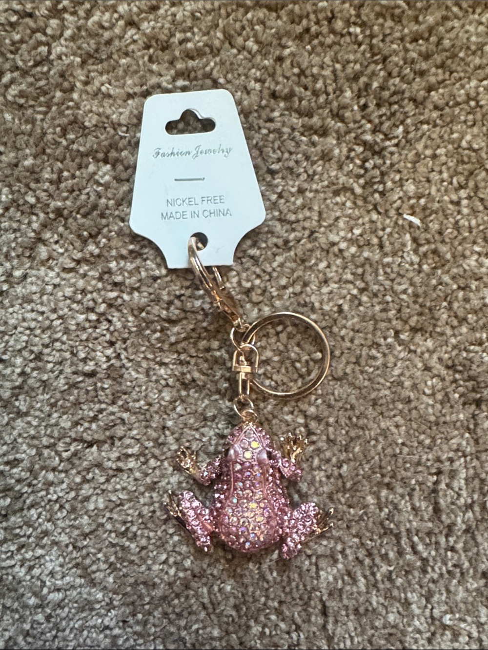 Fashion Jewelry Pink Crystal Frog Keychain with Gold-Tone Hardware